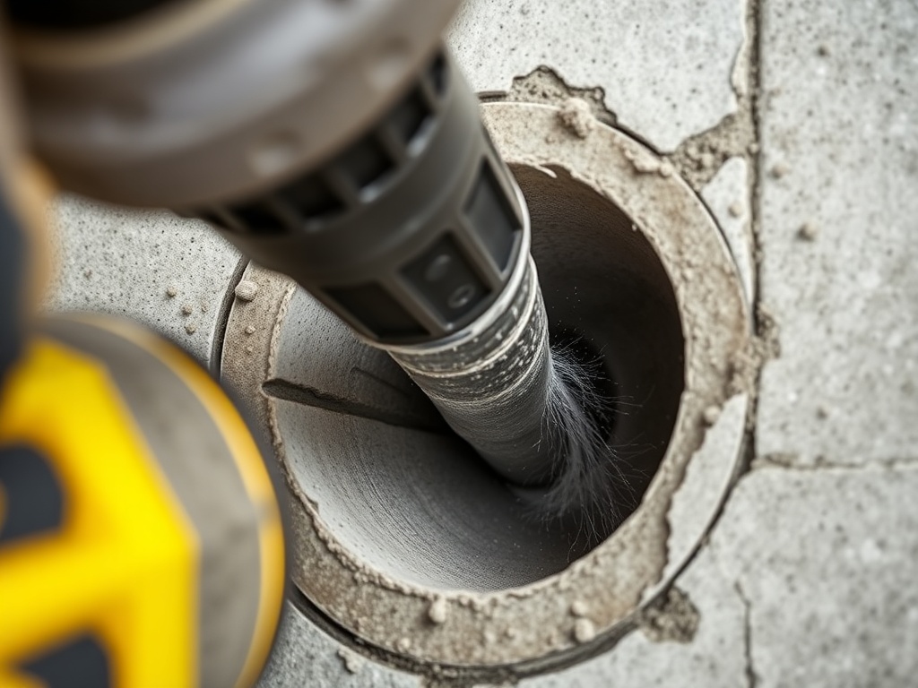 앵커볼트 설치 전 드릴 구멍 내부의 분진을 청소기를 이용하여 꼼꼼하게 제거하고 있는 안전 시공 과정