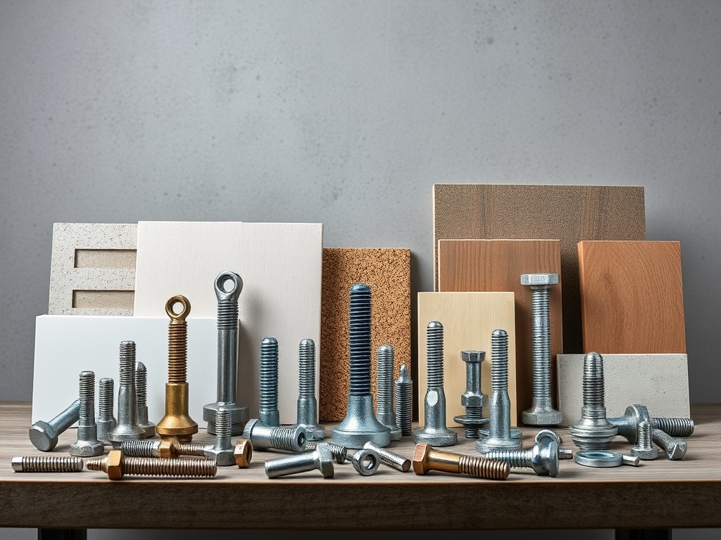 다양한 종류의 앵커볼트와 콘크리트, 석고보드 단면 샘플이 테이블 위에 비교를 위해 놓여 있는 모습