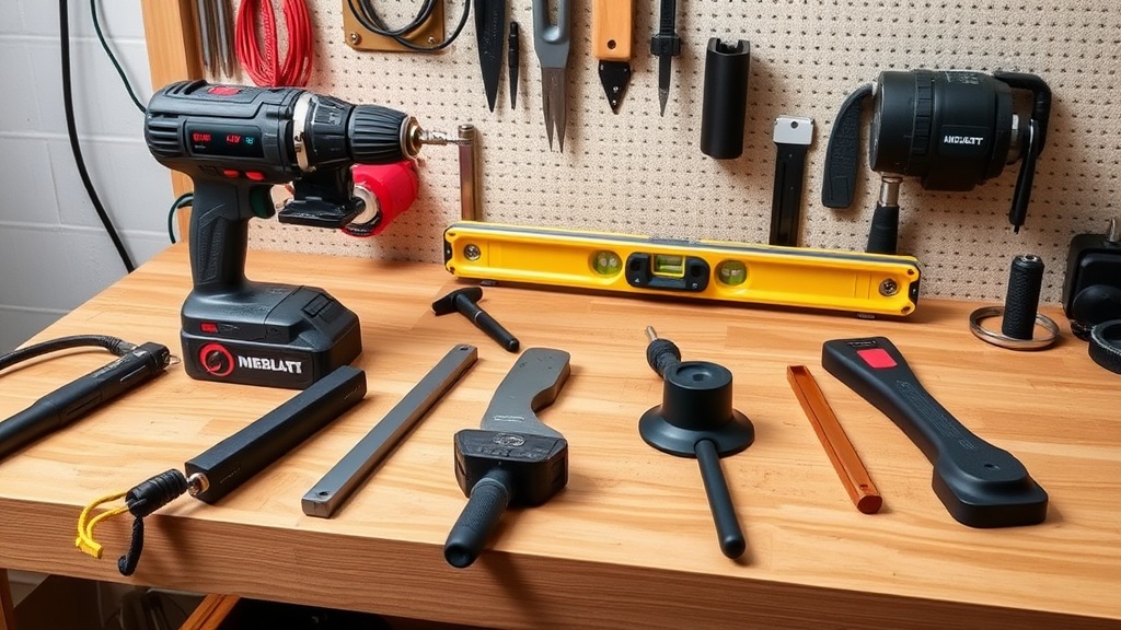 전동 드릴과 수평계 등 앵커 설치에 필요한 전문 도구들이 정렬된 모습