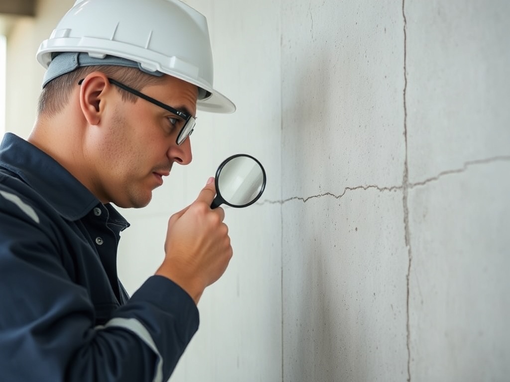 벽면의 미세 균열을 점검하여 앵커 설치 적합성을 판단하는 전문가의 모습